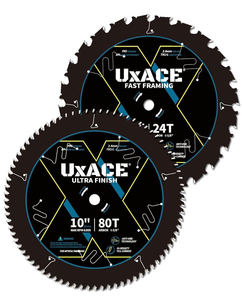 UXACE 10-Inch 24&80-Tooth Circular Saw Blade with 5/8-Inch Arbor, Framing & Ultra Finish Wood Cutting, Carbide Tip, Thin Kerf, for Plywood, MDF, OSB, Laminated, 2 Pack - Image 1